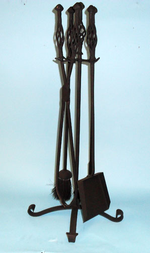 Companion set on stand - hand forged scrolls and hand forged cages