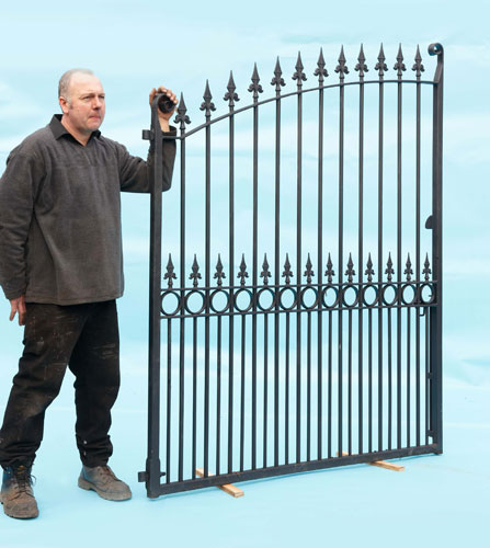 Tall Double Driveway Gates - Hand Forged Scrolls and Fluer De Leys Finials