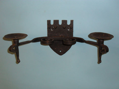 Double wall light on 'shield' back plate - hand forged scrolls